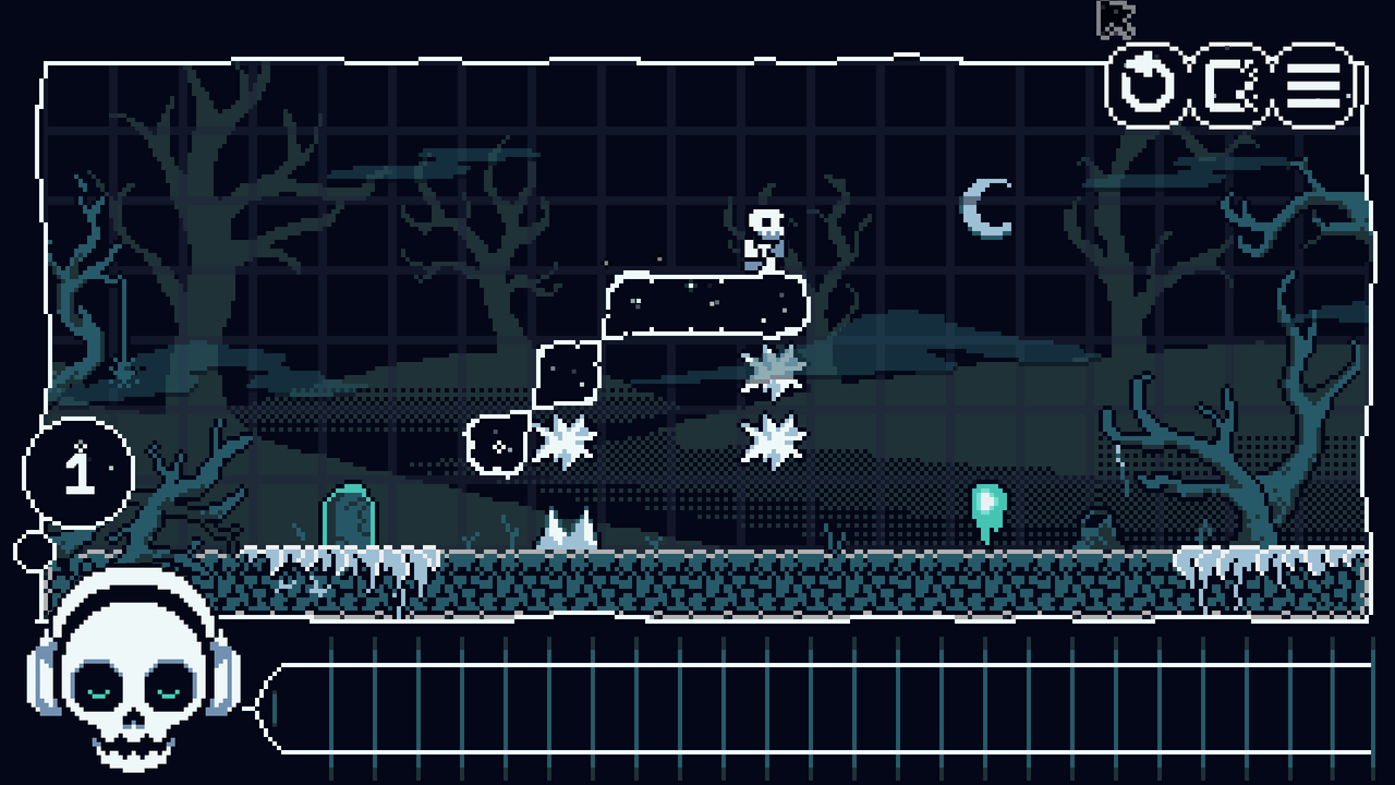 A blue  pixel graveyard with a skeleton on a platform. At the bottom of the screen is a large skeleton head with a music notation presented as arrow ke. 